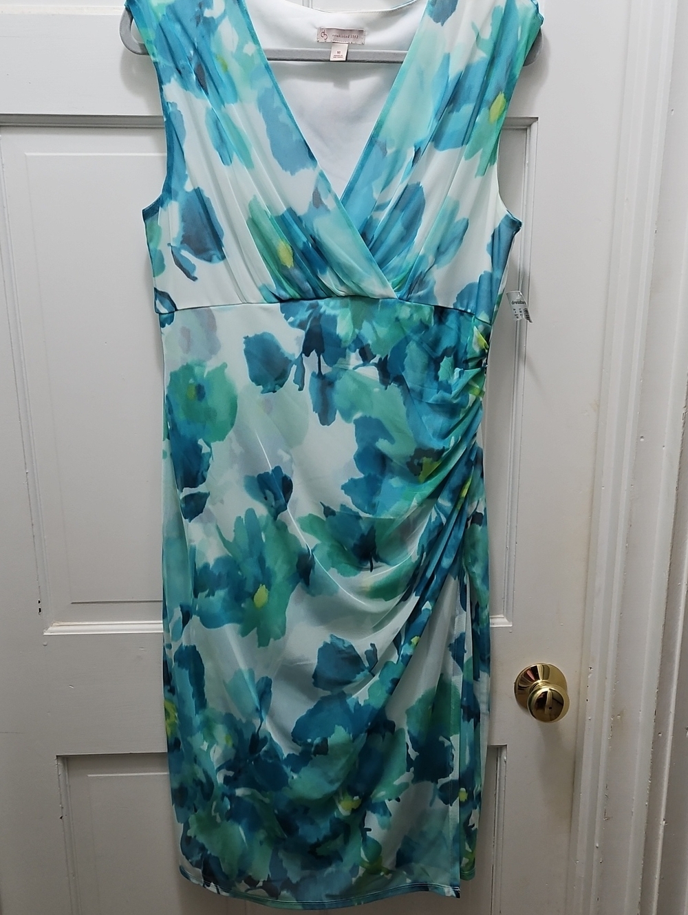 Dressbarn  Teal, Aqua & White Floral Faux-Wrap Dress Watercolor Mesh Sz 16